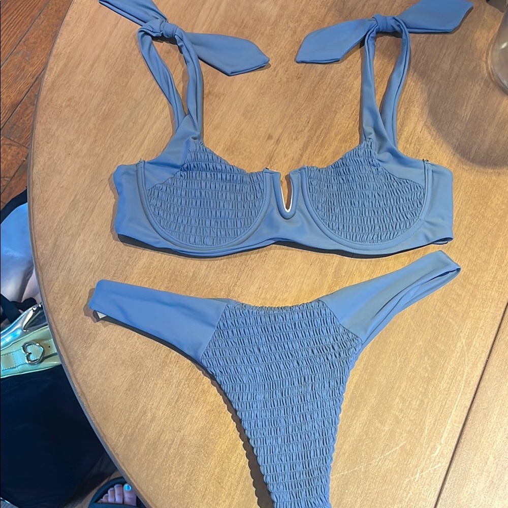 Zaful Blue Textured Bikini Set with Tie Straps